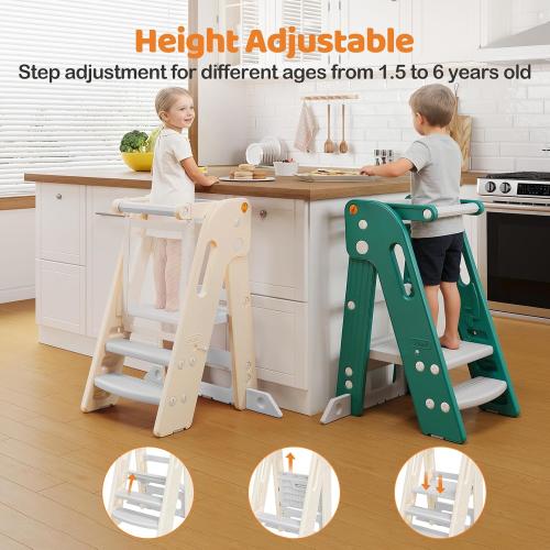 Onasti Foldable Toddler Tower Kitchen Stool Helper, Adjustable Height Learning Standing Tower with Safety Rail, Anti-Slip Steps, Kids Step Stool for Kitchen Counter and Bathroom Sink-Grey ‼️could be missing or broken pieces ‼️