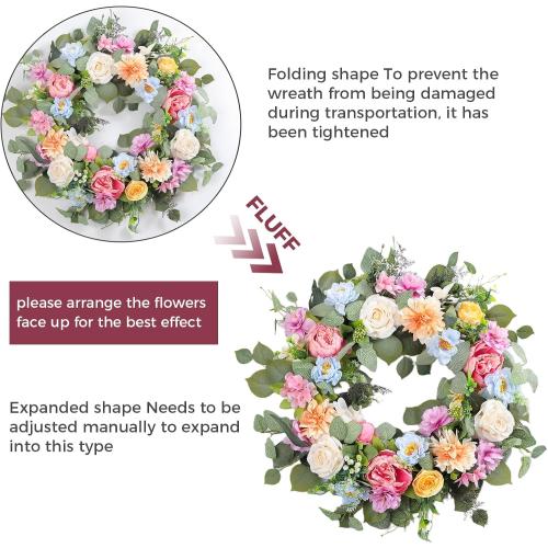 Spring Wreaths for Front Door,Summer Wreath with Peony Rose and Dahlia Flowers,24 Inch Floral Door Wreath for All Seasons Outside Outdoor Indoor Wall Wedding Holiday Home Decor