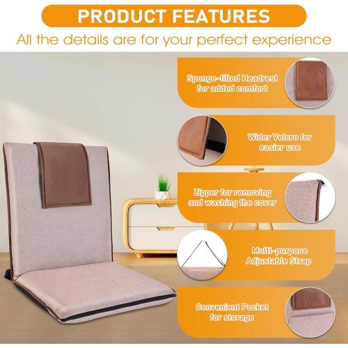 Floor Chair with Back Support 14-Position Adjustable Floor Chair Portable Ground Seating for Adults & Kids Foldable Meditation Seat with Japanese KOYO Bearings & Washable Linen Cover (Coffee)