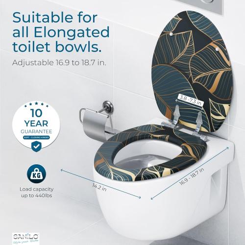 SANILO Wooden Toilet Seat with Soft Close [ELONGATED] - Decorative, Quiet & Slow Close Molded Wood Seat - With Strong Bumpers & Hinges - Adjustable Fit - Monstera