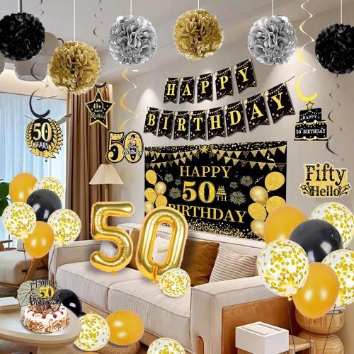 50th Birthday Decorations for Men Women, 46 Pcs Black Gold Happy 50 Year Old Party Supplies 1975 Birthday Gifts Banner Backdrop Balloon Cake Topper Honeycomb Centerpiece Hanging Swirls Set