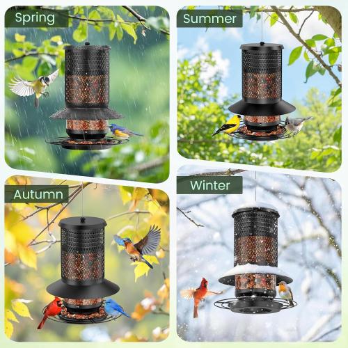 Black Hanging Bird Feeder with Squirrel Baffle, Squirrel Proof Bird Feeders for Outdoors, Heavy Duty Metal Design with Large Capacity Hanging Birdfeeder for Outside,