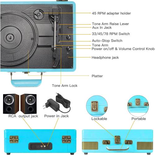 Record Player 3 Speed Bluetooth Portable Suitcase Vinyl Player with Built-in Speakers Turntable Enhanced Audio Sound PU Leather Vintage