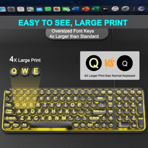 QUASIO Large Print Backlit Keyboard, Wired USB Lighted Computer Keyboards with 7-Color Backlit, Oversized Print Letters, Quiet Typewriter Keyboard with Retro Round Keycaps for Windows PC, Laptop
