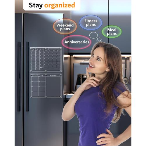 Magnetic Acrylic Calendar for Fridge,2 Pack 12x16 Clear Fridge Calendar Dry Erase Magnetic Planning Boards Set for Refrigerator with 6 Colorful Highlight Markers