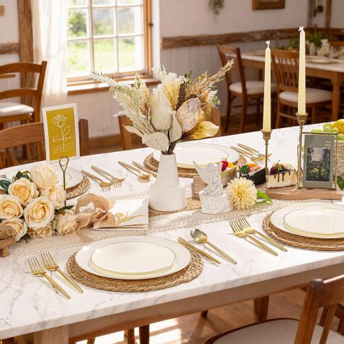 Ivory Plastic Plates with Gold Rim,Nice Disposable plates,Gold Plastic Plates,Ivory Disposable Plates Set include 30 Dinner Plate,30 Dessert Plates