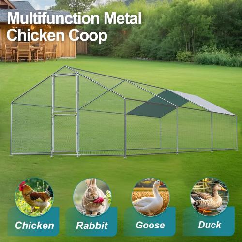 Silver 10ft x 20ft Large Chicken Coop, Chicken Coops for 30 Chickens, Chicken Runs for Yard with Water Poof & UV Resistance Cover, Spire Roof Chicken Coop Run with Double Lockable Doors for Outdoor Backyard