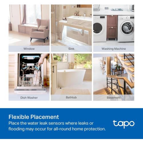 White TP-Link Tapo Smart Water Leak Detector, Requires Tapo Hub, Water Leak Sensor Wi-Fi with Rapid Dripping Detection, 90dB Adjustable Alarm, App Alerts, Compatible with Alexa and Google Home, T300