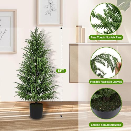 Norfolk Pine Christmas Tree Real Touch Faux Holiday Tree with Pot, Realistic Indoor Outdoor Decoration for Entryway, Living Room, Office, Apartment (5FT- 2Pack)