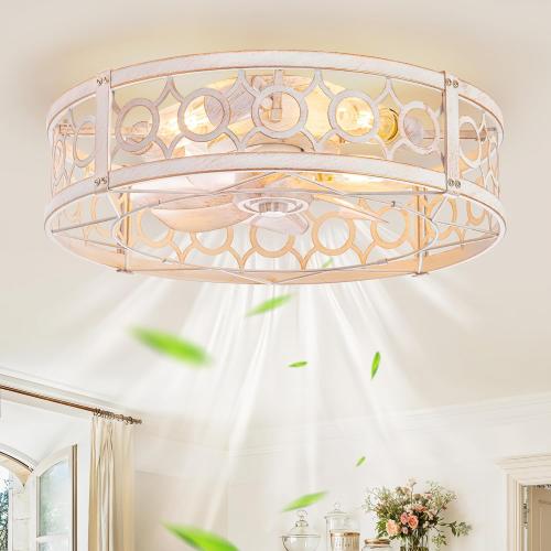 LEDIARY 20in Caged Low Profile Ceiling Fan Light with Remote White Gold