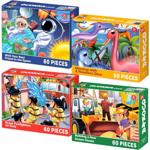 QUOKKA Puzzles for Kids Ages 4-6 - Set of 4x60 Jigsaw Puzzles for Toddlers 3-5 - Space, Dino, Firefighters Toys for Children 6-8 yo - Gift Educational Game for Boys & Girls
