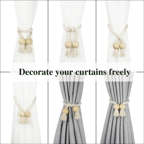 4 Pack Magnetic Curtain Tiebacks Cotton Hand Woven Tie Back Decorative Rope Holdbacks for Curtains Draperies No Tools Required, Beige