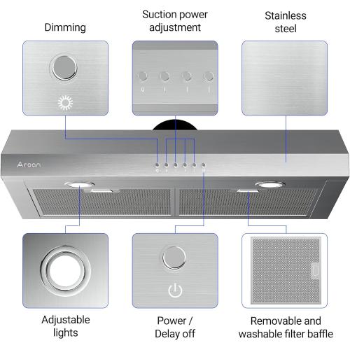 AROAN 30 inch Under Cabinet Range Hood with 900 CFM, Slim Stainless Steel Vent Hood for Kitchen with 4 Speed Soft Touch Switch, Reusable Aluminum Mesh Filters, Adjustable LED Lights (ANC02-30A)