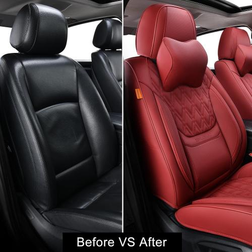 Car Seat Covers Front Pair, Breathable Leather Automotive Front Seat Covers with Headrest, Universal Automotive Vehicle Seat Cover for Most Sedan SUV Pick-up Trucks, Wine Red