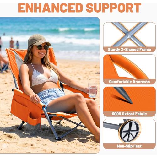 Youtanic Beach Chairs 2 Packs, Folding Portable Chair for Adults, Standard Back Extra Wide Seat with Cup Holder & Carry Bag, Lightweight Camp Chair for Outdoor, Beach, Sand, up to 350lbs, Orange
