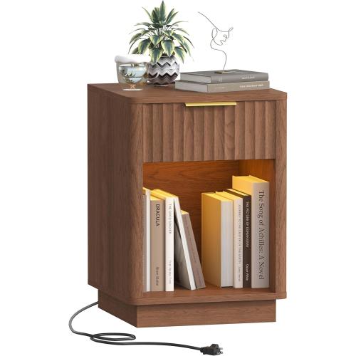 Akxomel Fluted Nightstand, Wooden Night Stand with Charging Station and LED Light, Modern Mid Century End Table with Drawer, 15 D x 15.7 W x 22.6 H, for Bedroom, Walnut