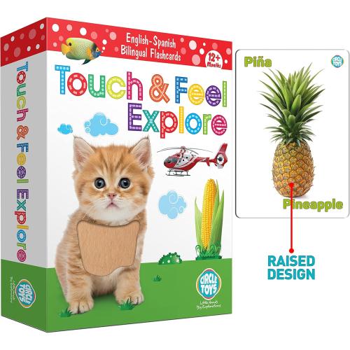 My Touch and Feel English Spanish Bilingual Picture Double Sided Sensory Flash Cards for Infant, Toddlers, Kids, Learn Animals, Fruits, Objects and Vehicles, Fun Learning and Educational Flashcards