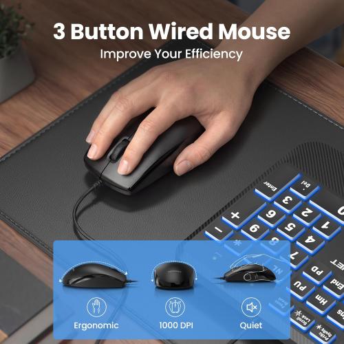 TECKNET Wired Keyboard and Mouse Combo, 7 Color Backlit Large Print Ergonomic Keyboard with Wrist Rest, Soft Typing, USB Plug & Play, Silent Keyboard Mouse Set for PC, Mac, Laptop, Blue