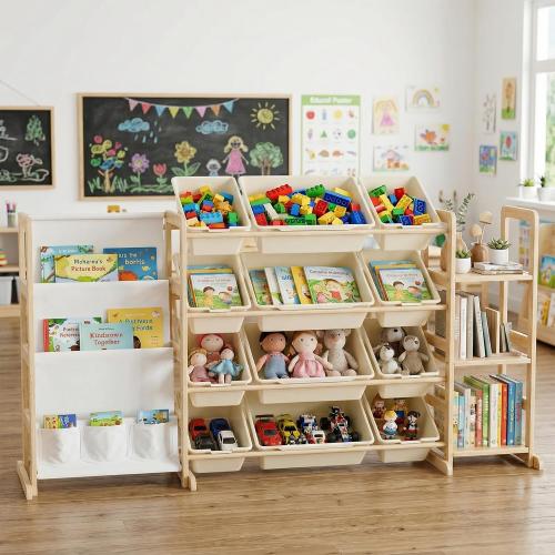Large Toy Storage Organizer with 12 Bins, 4-Tier Bookshelf & 3 Side Shelves, 59 Wide Kids Room Organization, Easy Assembly for Playroom, Bedroom, Nursery Room, White