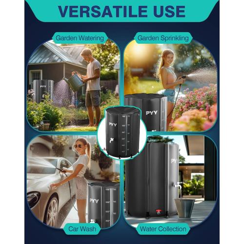 PYY Rain Water Collection Barrel - 132 Gallon Black Water Storage Tank with Spigot, Hose and Portable Bucket, Large Plastic Collapsible Rain Catcher Catchment System to Collect Rainwater from Gutter