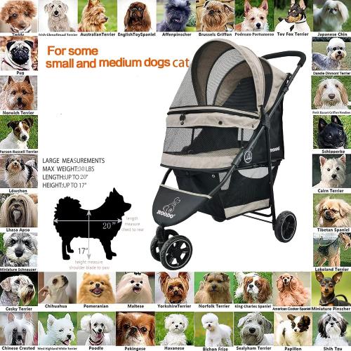 Light Khaki ROODO 3 Wheel Dog Pet Cat Stroller Best Lightweight Foldable Compact Portable Jogger All Terrain Travel Pet Gear Puppy Kitty Stroller for up to 30lbs Medium Small Dogs and Cats(Light Khaki)