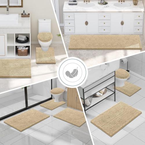 Smiry Bathroom Rugs Set 2 Piece, Soft Absorbent Chenille Bath Mat and U-Shaped Toilet Rug Set, Non Slip Shaggy Bath Carpet for Tub, Shower and Floor (30x20 24x20, Beige)