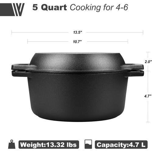 Pre-seasoned Cast Iron Double Dutch Oven Pot with Skillet Lid, Dual-handle, for Bread Baking, Outdoor, Campfire Cooking, 5 Quart