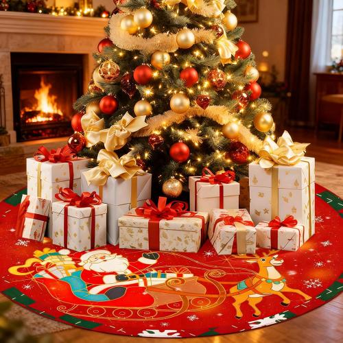 48 Inch Christmas Tree Skirt, Vintage Santa Snowflake Red Tree Skirt for Indoor Outdoor Home Winter Merry Xmas Holiday Party Decorations