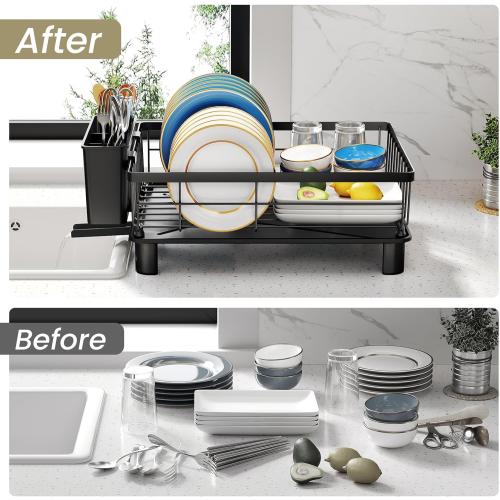 SNTD Dish Drying Rack - Small Dish Rack for Kitchen Counter, Stainless Steel Dish Drainer with Utensil Holder and Drainboard, 11 W x 15 L (Black)
