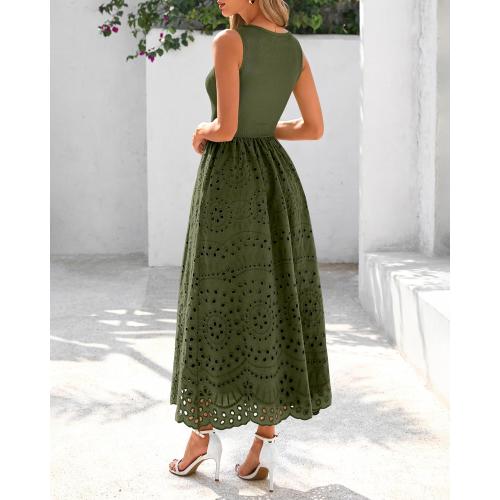 Size L...dowerme Women Summer Dresses 2026 Casual Sleeveless Crewneck A-Line Boho Lace Eyelet Cotton Tank Maxi Dress with Pockets