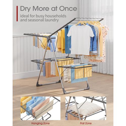 Sakugi Clothes Drying Rack, Foldable 2-Level Laundry Drying Rack with Height-Adjustable Wings, for Clothing & Bedding, Free-Standing Space-Saving Rack, Indoor & Outdoor, 55.5 L × 22.8 W, Gray