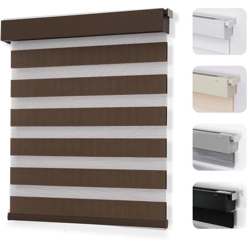 Joydeco No Drill Zebra Blinds for Windows, Cordless Day & Night Dual Sheer Roller Shades, Easy Installation, Free-Stop Lift System, Light Filtering Privacy Blinds for Home(Coffee,35 W x 75 H)