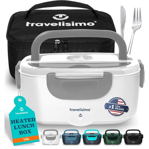 TRAVELISIMO Electric Lunch Box for Adults 100W Heated Lunch Box For Men 1.5L Stainless Steel Portable Food Warmer, 12/24/110V for Travel & Work, Loncheras Electricas Para Calentar almuerzo