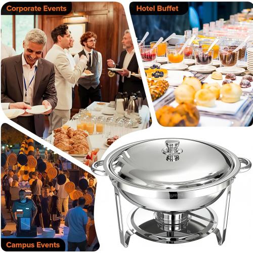 Chafing Dishes for Buffet, 4 Pack 5QT Round Stainless Steel Chafing Dish Set with Lid Holder for Home Parties, Christmas Gatherings, Catering Events, Complete Buffet Warmer Set - Silver