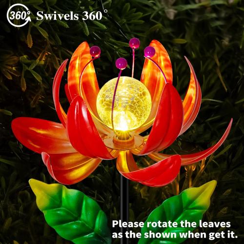 Color Red Solar Lights Outdoor Garden Decor, Solar Wind Spinner Yard Decorations for Outside, Lotus Windmill Pathway Lights with LED Cracked Crystal Ball Waterproof Flower Sculpture for Patio Lawn Garden Gifts