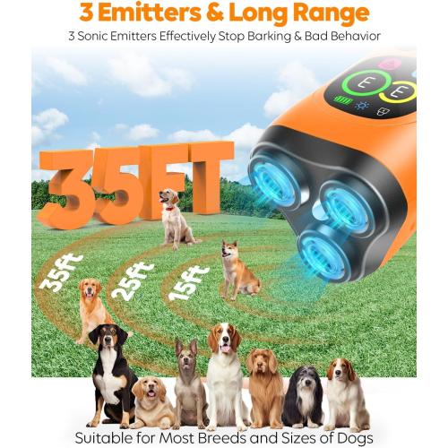 Dog Bark Deterrent Device,3X Ultrasonic Anti Barking with Color LCD Screen,7 Training Modes 35 FT Range Correct Bad Behavior Indoors Outdoors,Safe & Humane Rechargeable Bark Control for Dogs-Orange