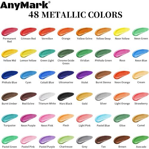 AnyMark Metallic Acrylic Paint, 48 Colors with 12 Brushes, 2 fl oz/60ml Bottles, Glitter Acrylic Paint Set for Kids Adults Canvas, Rock, Wood