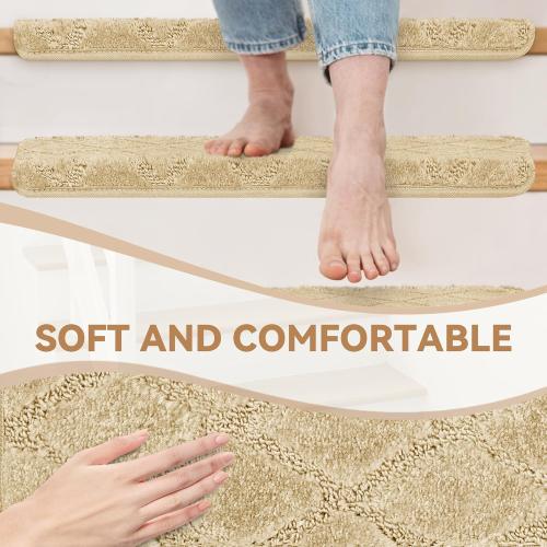 14 Pack Beige 9.5x32 Bullnose Stair Treads Non-Slip 9.5 x 32, 14 Pcs Carpet for Wooden Steps Indoor With Edge Protection, Reusable Peel and Stick TPU Backing Runner Rugs - Diamond Pattern Beige