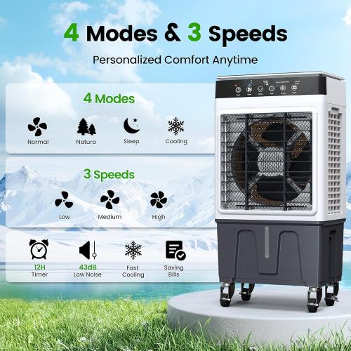 WHITE Swamp Cooler Air Conditioner with Dry Burn Protection, 4000 CFM Evaporative Air Cooler with 8-Gal Water Tank, 4 Modes, 3 Speeds, Remote, 12H Timer, Portable Windowless AC for Bedroom Home Office