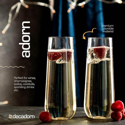 DECADORN Clear Stemless Champagne Flutes Plastic 48 Pack - 9oz Plastic Champagne Glasses - Durable and Sturdy Mimosa Glasses For Parties - Shatterproof, Recyclable, BPA-Free, Smooth Rims.