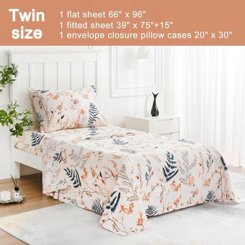 Size Queen Boho Floral Printed Sheet  Size 3 Piece, Soft Botanical Pattern Microfiber Sheets Extra Deep Pocket