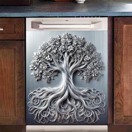 BlissYard Tree of Life Dishwasher Magnet Cover Skin Panel Magnetic Dishwasher Covers Decorative Sliver Metal of Life Front Door Magnet Cover Home Appliances Dishwasher Refrigerator Cupboard 23x26 Inch
