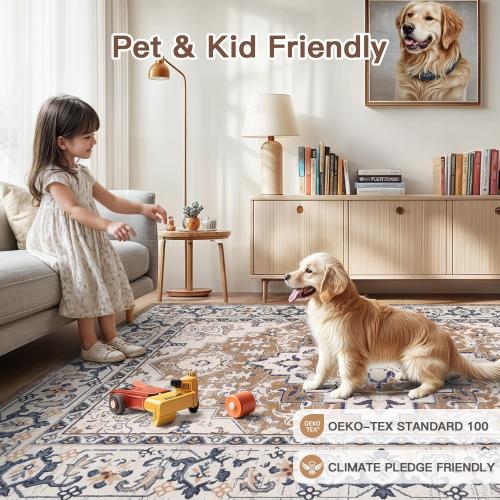Lofus Area Rugs for Living Room, Washable Area Rug, Rugs for Bedroom, Kitchen, Vintage Boho Carpet, Soft Non-Slip, Low Pile Large Area Rug for Office Dining Room, Floral Brown