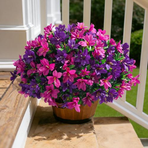 INSPRING Artificial Fake Flowers for Outdoors Fall Decoration, 3 Bundles Realistic Outdoor Faux Azalea Plants UV Resistant Silk Flowers for Outside Planter Patio Porch Garden Yard Home Decor