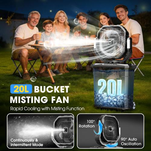 Ausic 5 Gal 12 Portable Misting Fan for Outside Patios, 【Max 62H】 Outdoor Oscillating Rechargeable Battery Fan, Cooling Water Camping Fan with Telescopic Handle/Remote, Summer Essentials