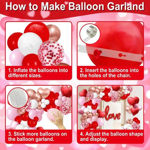 191 Pcs Valentine's Day Balloon Garland Arch Kit, Love Foil Letter Balloons Red Pink Rose Gold White Confetti Balloon Decor Heart Shaped Balloons Rose Petals Romantic Party Supplies for Galentines Day