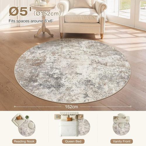 UERMEI 5ft Round Area Rug Living Room Rugs - 5x5 Washable Neutral Modern Abstract Soft Thin Rug Indoor Floor No Slip Rug Carpet for Bedroom Under Dining Table Home Office Decor - Brown Grey