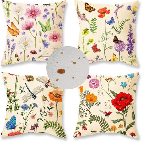 ONWAY Spring Summer Outdoor Waterproof Pillow Covers Set of 4 Floral Farmhouse Throw Pillows Decorative Cushion Cases for Outdoor Couch Sofa Patio Furniture Home Decoration (Beige, 18x18 Inch)