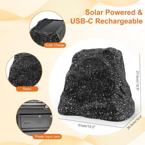 STUDIOFINIX 6.5 Outdoor Rock Speaker Waterproof Bluetooth Wireless Solar Powered with Rechargeable Battery for Patio, Deck, Pool, Garden(Single, Gray)