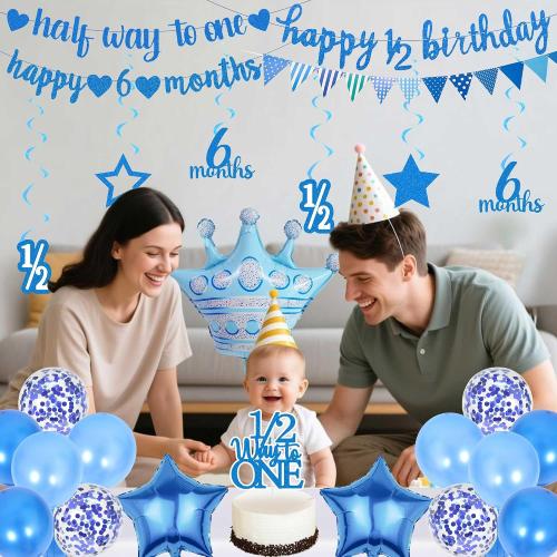 Half Birthday Decorations Banner Supplies - 28 Pcs Blue Happy 1/2 Year Birthday Banner Heart Crown Balloons Pennant Glitter Cake Topper for Baby Boy 6 Months Party Decor